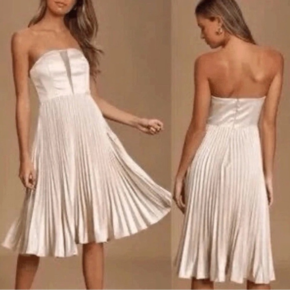 Lulus Strapless Pleated Midi Dress Champagne Women’s S Cocktail Party Prom